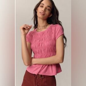 Pilcro Tabby Ruched Cap-sleeved Pink Smocked Top